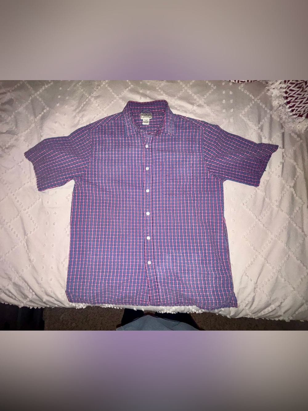 L.L. Bean 264566 Men’s Plaid Button Down Short Sleeve Shirt Sz Medium. Smoke/Pet